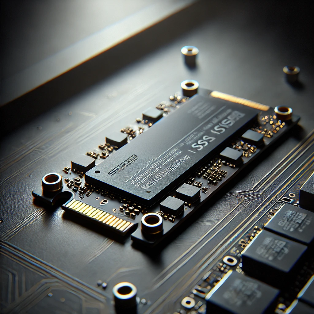 A high-quality image showcasing an NVMe SSD. The SSD is sleek and modern, with a black PCB and gold connectors, positioned in a way that displays its compact size and design. The background is clean, possibly with a subtle technological pattern or a plain color that emphasizes the SSD. The focus is on the NVMe drive itself, highlighting its branding and key details like storage capacity. The lighting is soft but sufficient to highlight the details of the SSD, making it the centerpiece of the image.